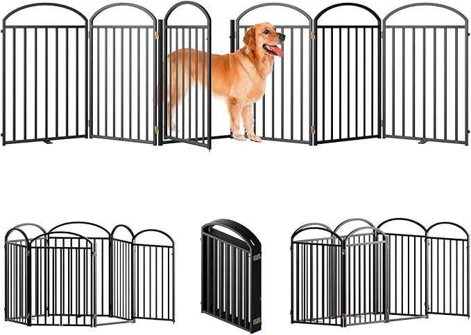 6 Panles Full Matel Freestanding Dog Gates with Door, 144"Extra Wide 32"Tall Free Standing Dog Pet Gate for Indoor & Outdoor. Foldable Pet Fences for Doorways, House, Stairs, Porch, Deck, Yard