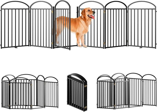 6 Panles Full Matel Freestanding Dog Gates with Door, 144"Extra Wide 32"Tall Free Standing Dog Pet Gate for Indoor & Outdoor. Foldable Pet Fences for Doorways, House, Stairs, Porch, Deck, Yard