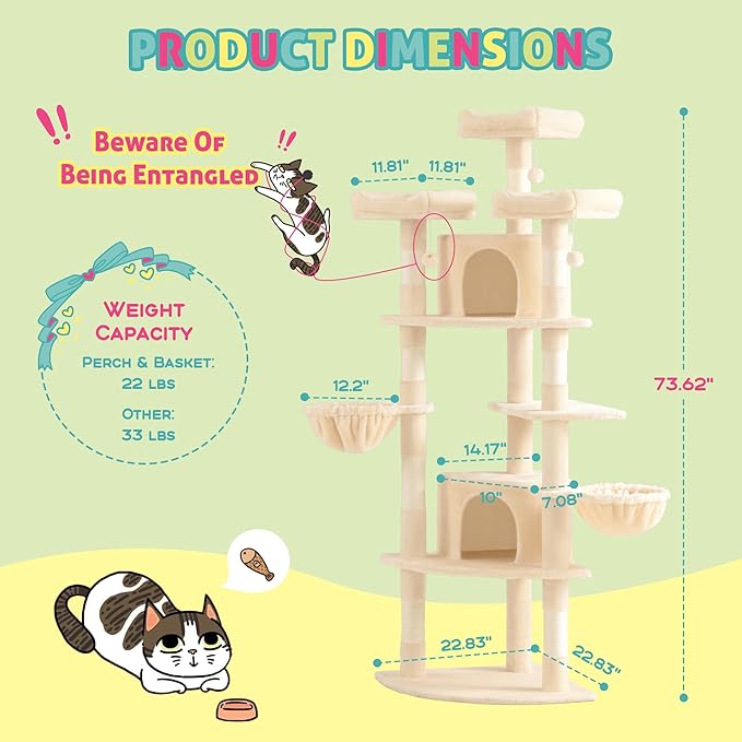 SHA CERLIN 73in Fan-Shaped Corner Cat Tower for Save Space/Multi-Level Tall Cat Tree for Indoor Kitties/Condo with Baskets/Cozy Perches/Sisal Scratching Posts/Pet Activity House/Beige