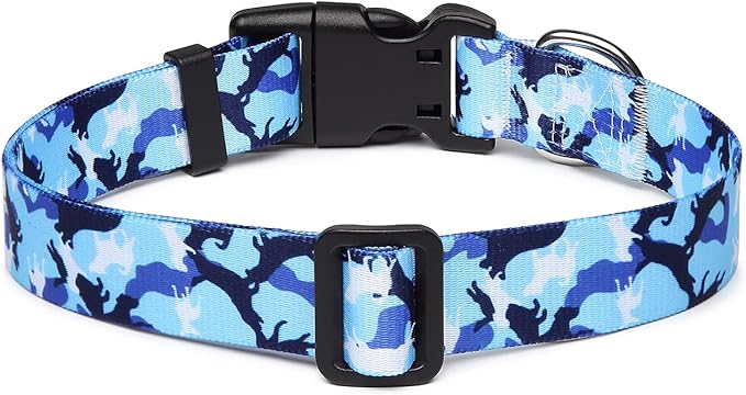 Mercano Adjustable Dog Collar - Special Design Patterns, Soft Nylon Comfortable Durable Pet Collar for Small Medium Large Dogs (M, Dog Camouflage Blue)