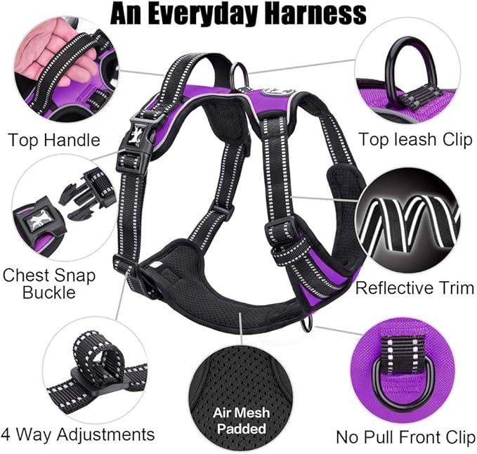 PoyPet No Pull Dog Harness, Reflective Comfortable Vest Harness with Front & Back 2 Leash Attachments and Easy Control Handle Adjustable Soft Padded Pet Vest for Small to Large Dogs (Purple,XS)