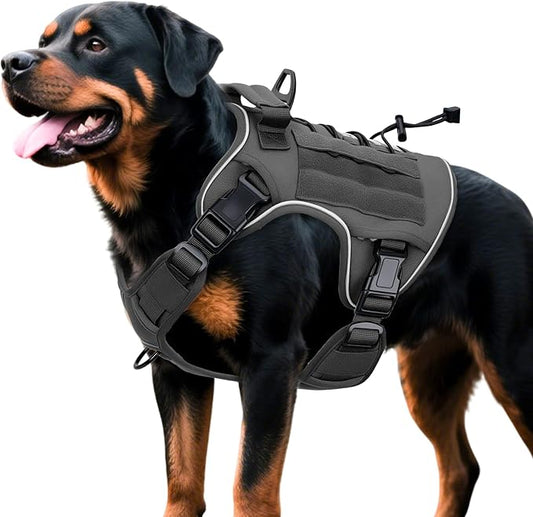 Heavy-Duty Tactical Dog Harness for Large Dogs, No Pull Adjustable Reflective Pet Vest with Molle System, K9 Military-Grade Control for Service Training, Outdoor & 10+ Breeds, Gray, XX-Large