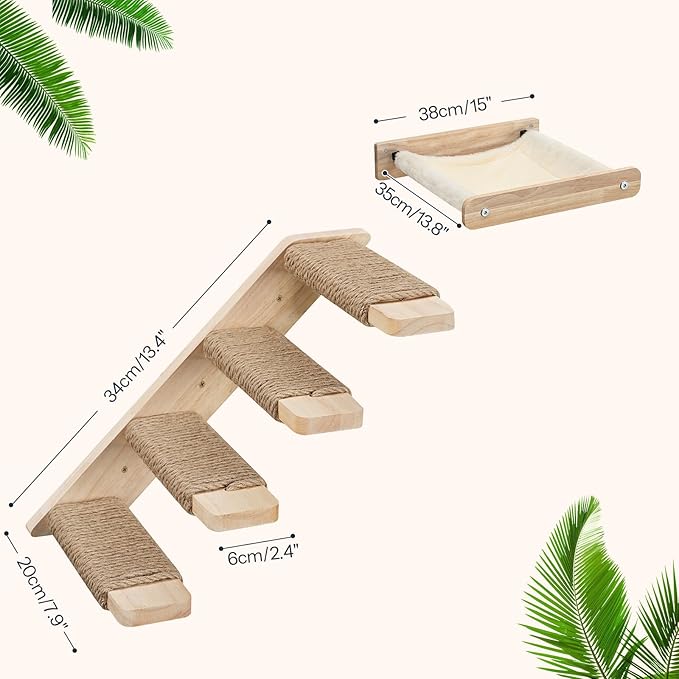 HOOBRO Cat Wall Shelf Set of 2, Wall Mounted 4-Level Cat Steps with Jute Scratching Steps, Hammock Wall Mounted, Holds up to 40 lb, Cat Wall Furniture, for Playing, Natural NL41CS03