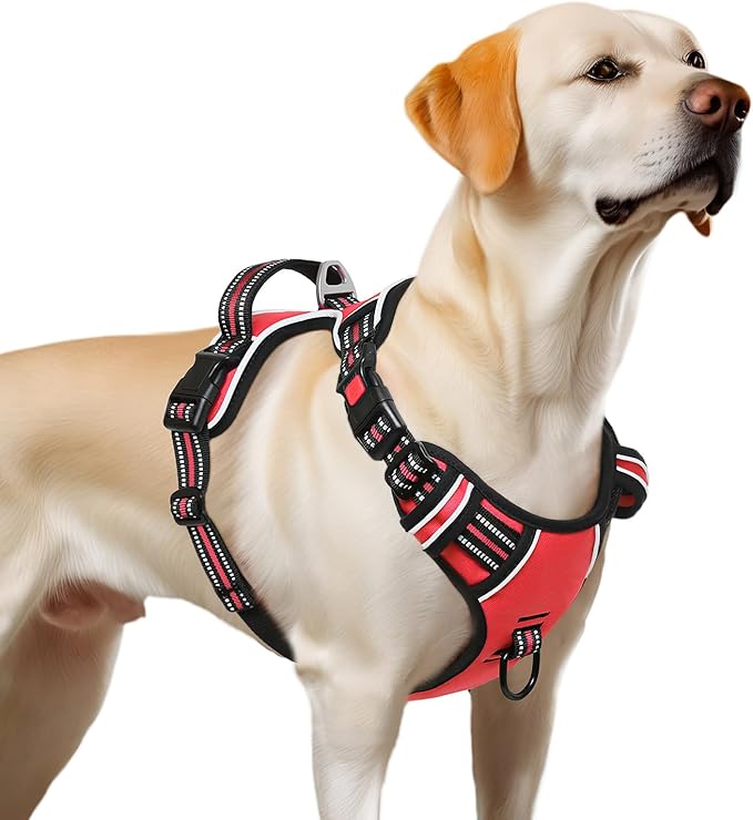 Timos Dog Harness Large Sized, No Pull with Neck Lockable Snap,No Choke Front Clip Dog Reflective Harness,Adjustable Metal Rings 3 Buckles,Easy Control Handle for Large Dogs Red L