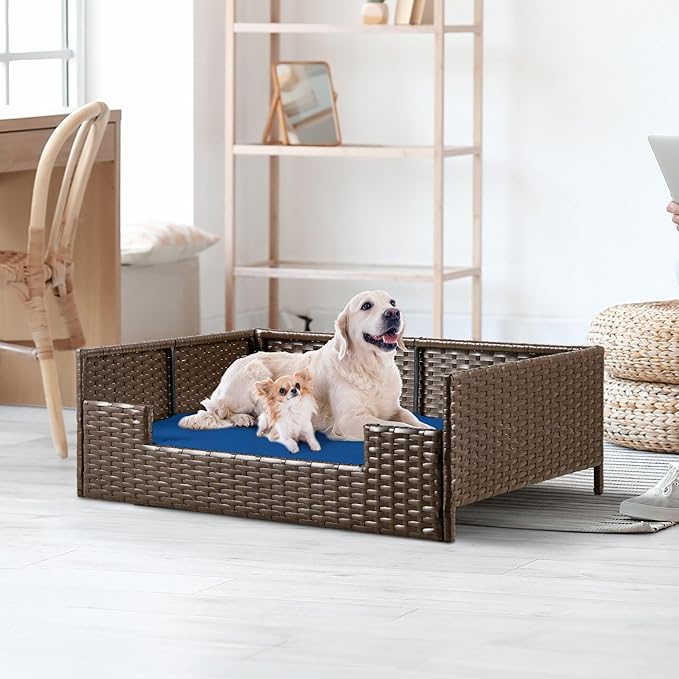 YITAHOME Rattan Dog Sofa Bed with Cushion, Wicker Pet Bed Sofa Couch Indoor Outdoor Waterproof for Large Medium Small Dogs Cats (38.6''L*26.4''W*15''H,Blue)
