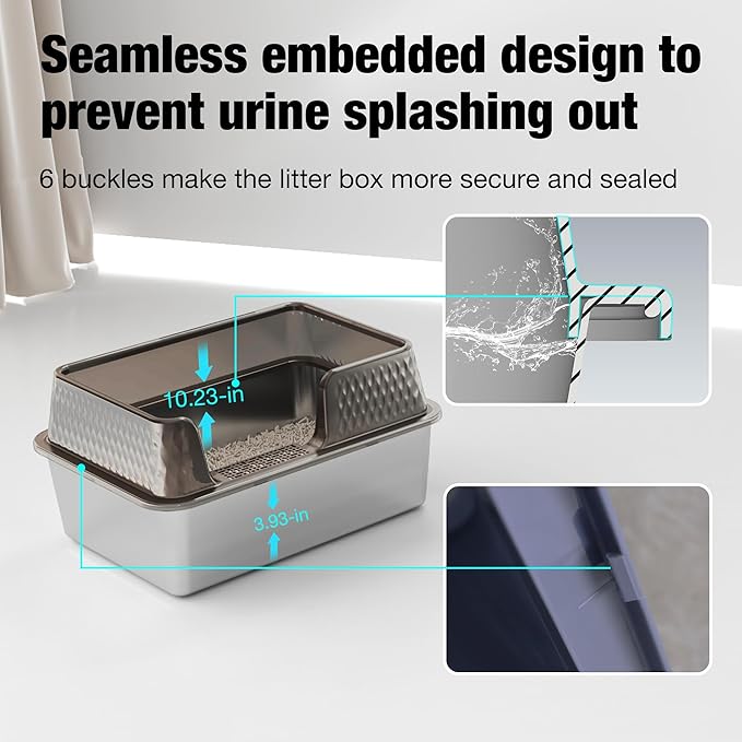 Suhaco Stainless Steel Litter Box Side Entry, Kitty Litter Mat and White Scoop Included Covered Metal High Sided Extra Large Cat Litter Box with Lid Removable Enclosure for Medium Cats (Tall Black)