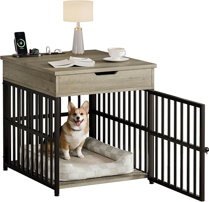IRONCK Dog Crate Furniture for Small Dogs, Wooden Dog Kennel with Flip Top Drawer, Indoor Pet Crate End Table with Charging Station, Steel-Tube Dog Cage, Gray