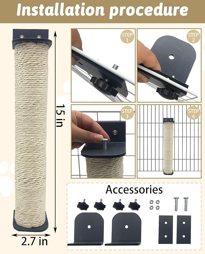 VCEPJH 2 Pcs Cat Scratching Post for Crate Cage Mounted Cat Scratcher Natural Sisal Scratch for Scratching and Climbing Furniture 15x2.7inches (White)