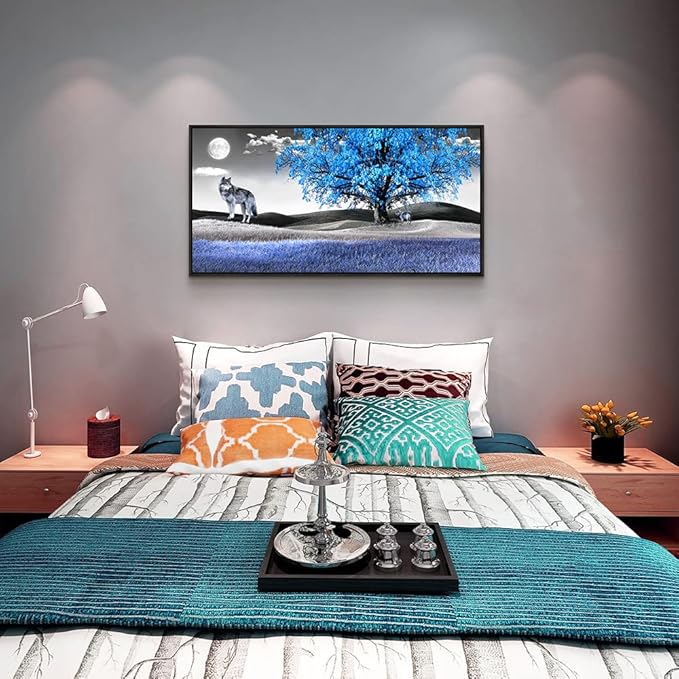 Framed Canvas Wall Art For Living Room Family Wall Decorations For Bedroom Modern Office Wall Decor Paintings Blue Tree Landscape Pictures Artwork Canvas Art Prints Home Decor Black Frame 20" X 40"