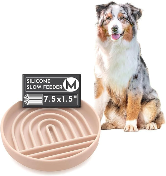 The Slowdown Bowl Silicone Slow Feeder for Dogs & Puppies, Slow Eating, Modern Lick Mat Design, Reduces Gulping, Fits 2 Cups 7.5” Across x 1.5” Tall, Mealtime Challenge, Medium-Tan