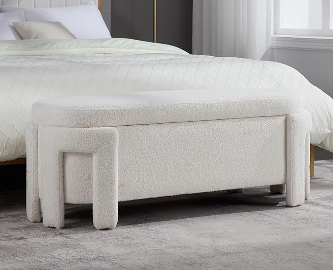 Kmax 50" Storage Ottoman Bench Modern Faux Fur Boucle Entryway Bench Comfy Upholstered End of Bed Bench for Hallway Entrance Bedroom Corner, White