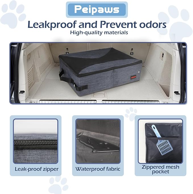 Portable Cat Travel Litter Box. Zipped Lid, Collapsible Litter Box for Cats. No Leakage, No Smell. Easy to Carry. Used for Hotels, Camping, Car (Gray,M)