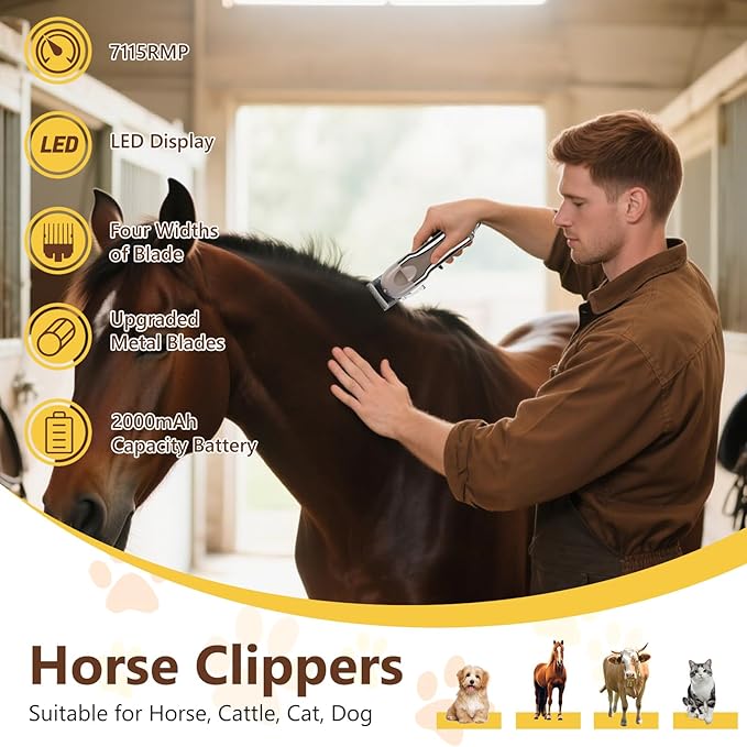 Horse Clippers, Professional Cordless Horse Trimmer Shaver, Low Noise Horse Grooming Clippers with LED Digital Display for Horse Grooming