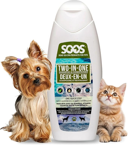 Soos Pet Dog Shampoo and Conditioner for Cats and Pets Natural Dead Sea Minerals Two-in-One Deeply Absorbing with Essential Oils Natural Ingredients Vitamins Antifun-gle - 1x Pack (500ml)