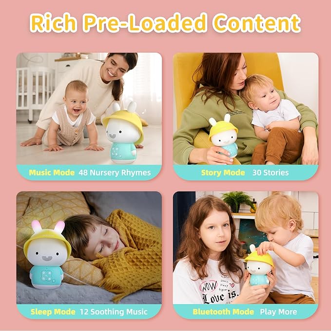 alilo Bunny Kids Music Player, Storytelling Toys for Toddler 1-3-5,Infant Baby Boy Girl Gifts Pre-Loaded 30 Stories/48 Nursery Rhymes/12 Soothing Music,with Nightlight,Bluetooth,Record Function