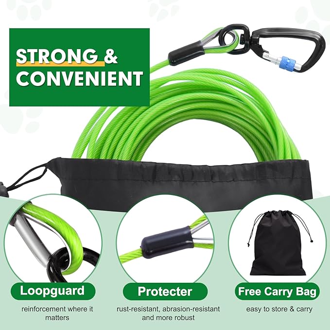 Snagle Paw Dog Tie Out Cable 15FT,Heavy Duty Dog Leads for Yard with Shock Absorbing Spring & Swivel Hook,Leash Cable for Outdoor Camping,Dog Line for Small Large Dogs,withstand 1000LBS Break Strength