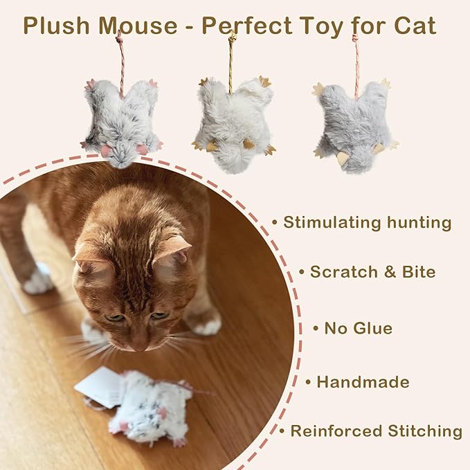 Catnip Cat Mice Toy,3 Pcs Plush Cats Nip Mouse Toys for Teeth Cleaning Chew Kitten Kicker Toy with Crinkle & Bell Cat Interactive Catnip Toys for Indoor Kittens Play Fetch