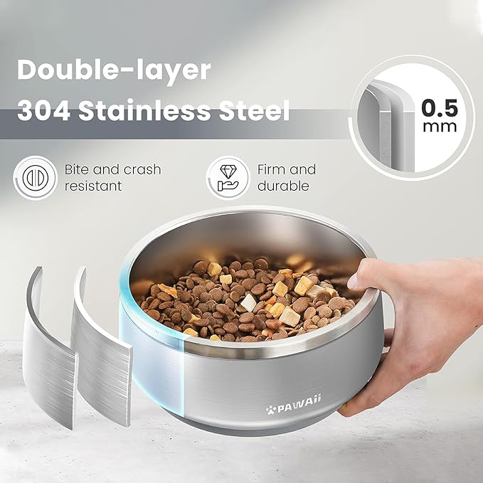 Pawaii Stainless Steel Dog Bowl with Non-Slip Rubber Base & Double Wall Insulation - Durable Design | Includes ID Tag | Dishwasher Safe Food & Water Bowl for All Dogs (34oz)