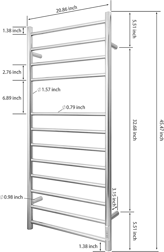 KEG Towel Warmer Wall Mounted with Built-in Timer 12 Bars Electric Stainless Steel Heated Towel Racks for Bathroom, Hot Plug-in Bath Towel Heater Polish Chrome
