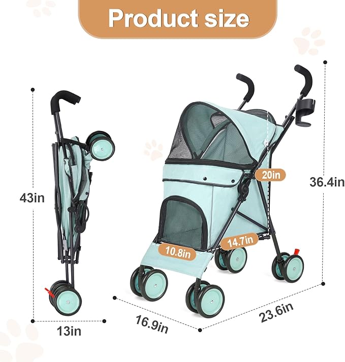 Umbrella Dog Stroller, 4 Wheels Pet Strolling, Foldable Carrier Pet Stroller for Small Dogs Cats, with Carrying Strap and Cup Holder, Dog Poop Bags & Dispenser, Up to 33 lbs, Cyan