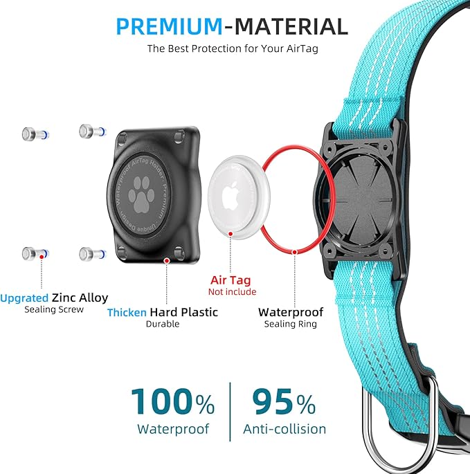 Upgraded AirTag Dog Collar, IP68 Waterproof Air Tag Dog Collar Holder, Reflective, Ultra-Durable, Comfortable Padded, Heavy Duty Dog Collars for Small Medium Large Dogs (M (12.6"-17.1"), Blue)