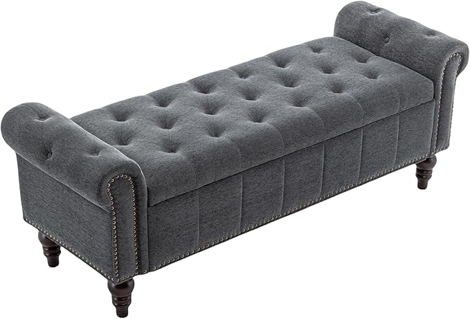 58’’ Storage Bench for Bedroom, Upholstered Button-Tufted Ottoman with Solid Wood Legs, Large End of Bed Shoe Cabinet, Window Seat Foot Rest Stool for Entryway, Closet, and Living Room (Dimgray)
