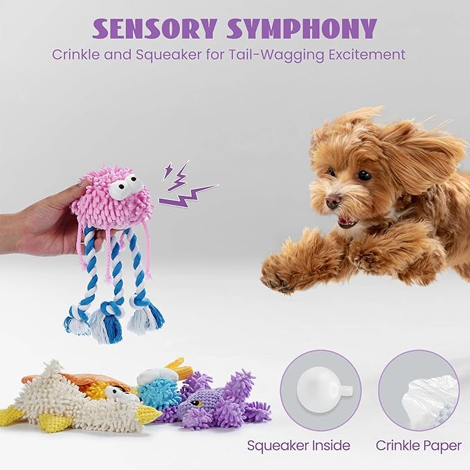 Nocciola Plush Squeaky Dog Toys, Cute Durable Stuffed Crinkle Puppy Pet Chew Toys for Large Medium Small Dogs - Jellyfish