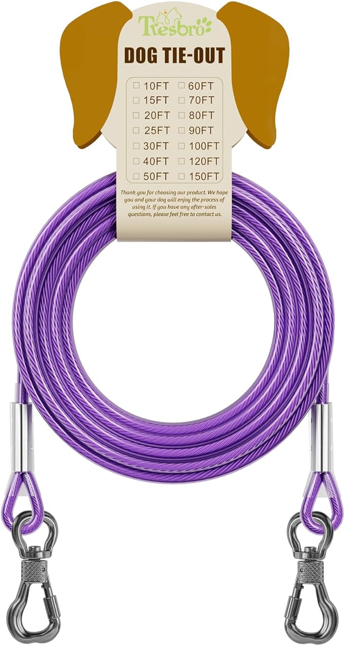 Tresbro 20FT Reflective Tie Out Cable for Dogs Up to 250 Pounds, Steel Wire Lead Leash Cable with Stainless Rotatable Buckle, Lightweight and Enduring, Dog Chains Outside for Outdoor, Yard, Purple