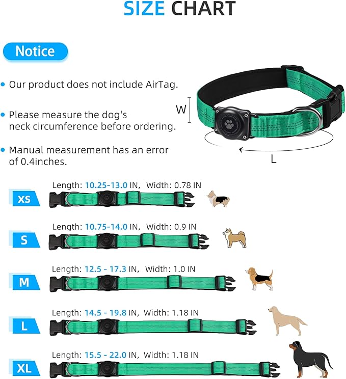 Upgraded AirTag Dog Collar, IP68 Waterproof Air Tag Dog Collar Holder, Reflective, Ultra-Durable, Comfortable Padded, Heavy Duty Dog Collars for Small Medium Large Dogs (L (14.8"-20.3"), Teal)