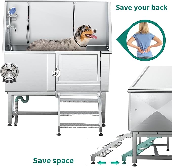 YITAHOME Professional Dog Bathtub 50in, Stainless Steel 304 Pet Grooming Station with Right Door & Floor Grate, Ideal for Large to Small Pets, Indoor & Outdoor Use