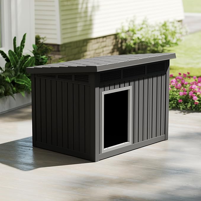 Dog House Indoor Outdoor,Resin Waterproof Puppy Shelter with Air Vents and Elevated Floor,Air Rod on Top to Open,Dog Kennel for Small to Large Dogs(Black,42.87 * 32.95 * 31.61)