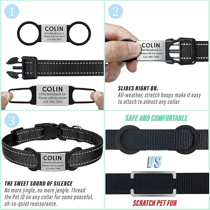 Personalized and Custom Dog Tag for Pets - No Noise - Engraved Name Tag - Slide On ID Tags and Collar Tags for Small, Medium, Large Dogs and Cats - Silent Customized