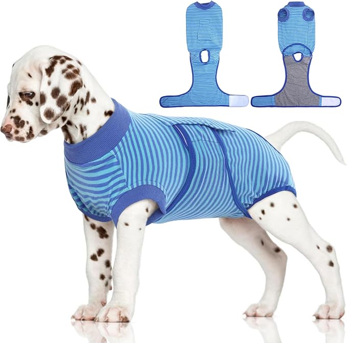 FUAMEY Recovery Suit for Dogs After Surgery,Soft Breathable Dog Bodysuit E-Collar & Cone Alternative Surgical Suit,Male Female Dog Neuter Spay Suits Anti Licking Wounds Onesie Navy Blue Strips S