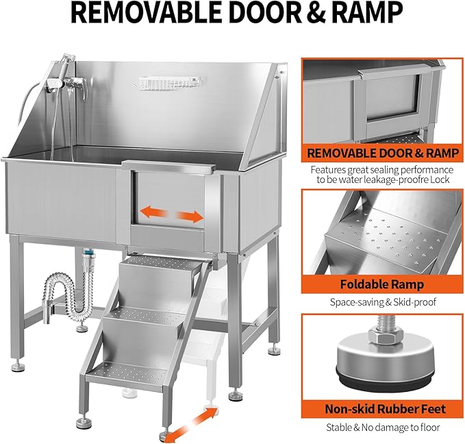 Dog Washing Station 38'' Stainless Steel Pet Grooming Tub for Large Dogs Over-Size Professional Dog Grooming Bathtub Station Wash Shower Sink Pet Grooming Bathtub Station,Right Door