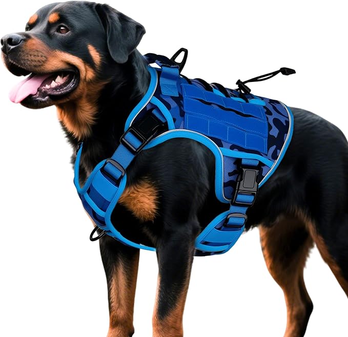 Heavy-Duty Tactical Dog Harness for Large Dogs, No Pull Adjustable Reflective Pet Vest with Molle System, K9 Military-Grade Control for Service Training, Outdoor & 10+ Breeds, Blue Camo, XX-Large