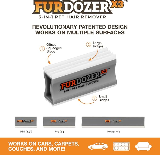 FurDozer X3 MINI Pet Hair Remover & Auto Detailing Tool - Cat & Dog Hair Remover for Carpet, Car Interior, Couch, Bedding, & Furniture - Reusable Pet Hair Removal Tool for Dog Fur & Lint, 3.5", Grey
