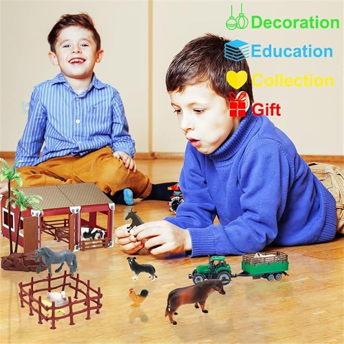 BOLZRA Mini Barn Playset, 66PCS Plastic Animals Figurines and Fence, Farm Figures Farmer Vehicle Toy Truck with Trailer for 3-12 Years Old Kids Boys Girls Toddlers