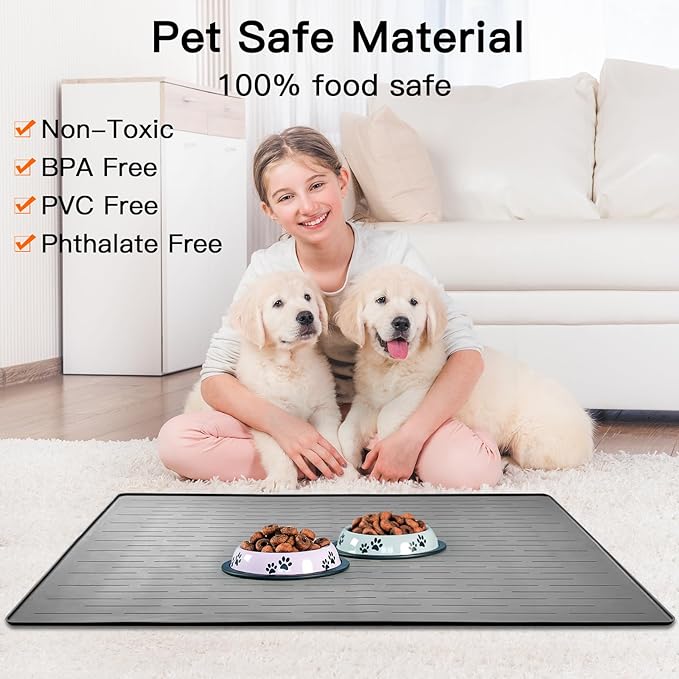 39.4"x29.5" Large Pet Food Mat, Silicone Dog Mats for Food and Water, Nonslip Pet Feeding Mats for Floors,Dog Cat Bowl Mat with Raised Edges, Dark Gray