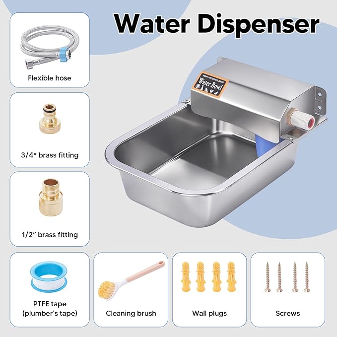 Automatic Water Dispenser for Dog, 3L Dog Water Bowl Dispenser, Stainless Steel Indoor/Outdoor Water Feeder Suitable for Dogs Livestock Chicken Horse, Easy to Clean