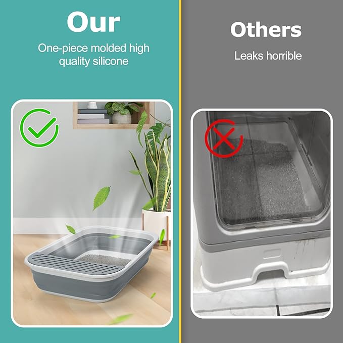 Foldable Cat Litter Box, Large Height-Adjustable Anti-Splash Open Air Kitty Litter Pan, Easy Clean with Scoop (Gray)