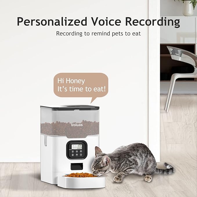 VOLUAS Automatic Cat Feeders - Dry Food Dispenser with Timer, Desiccant Bag, Programmable Portion Size Control 4 Meals Per Day, 10s Voice Recorder