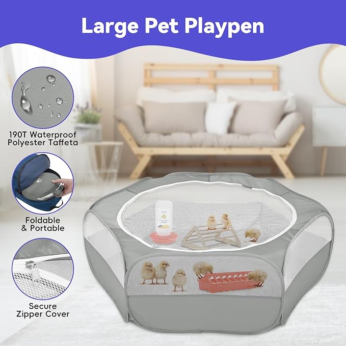 Pawaboo 5-in-1 Chicken Brooder Box for Chick Starter Kit, Includes Pet Cage Tent, Chicks Perch, Chicks Feeder, 1.1L Chick Waterer, Baby Chicken Supplies (Brooder Set), Gray