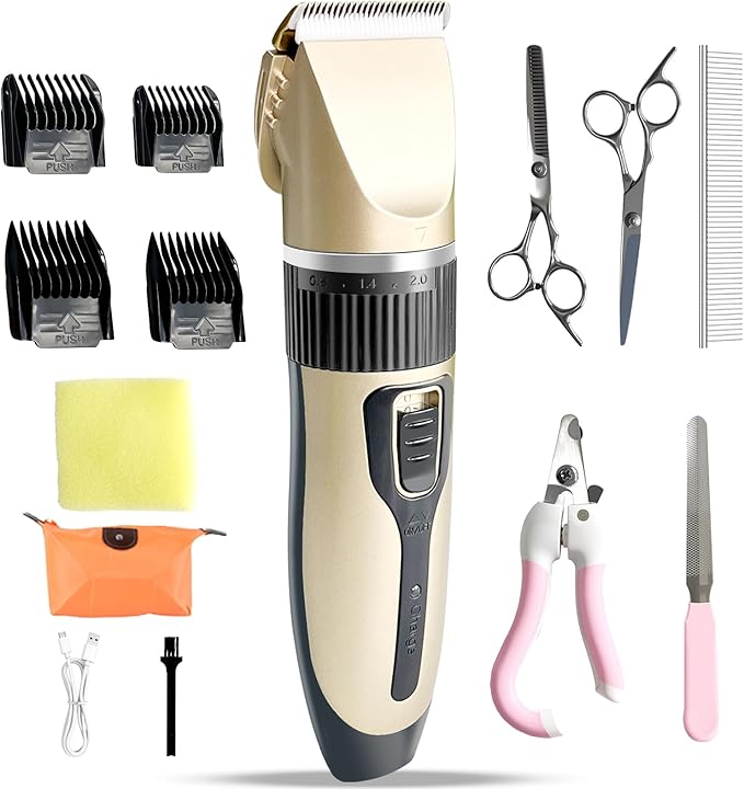 Dog Pet Grooming Kit Low Noise - Cordless Rechargeable Clippers for Dogs/Cats - Upgraded Accessory Version with Two Scissors and a Storage Bag (Gold)