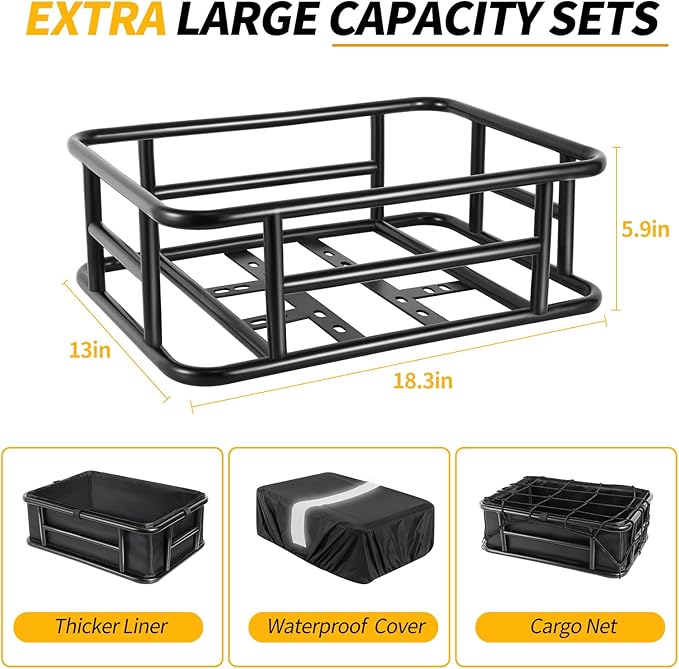 Bike Basket Rear with Liner,Waterproof Cover,Cargo Net Large Rear Bike Basket,Heavy Duty Bicycle Rear Basket for Electric Bike, Ebike,Great for Bike Trip,Carrying Grocery,Ball,Dog
