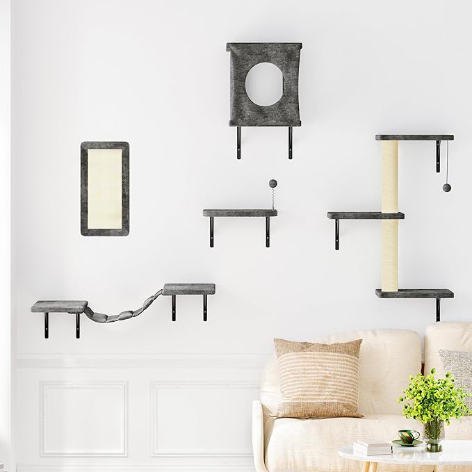 NUNU LAB Cat Wall Shelves Set, 5 Pcs Wall-Mounted Cat Climber with Condo House, Bridge Ladder, Scratching Post, Indoor Cat Furniture Set, Gray