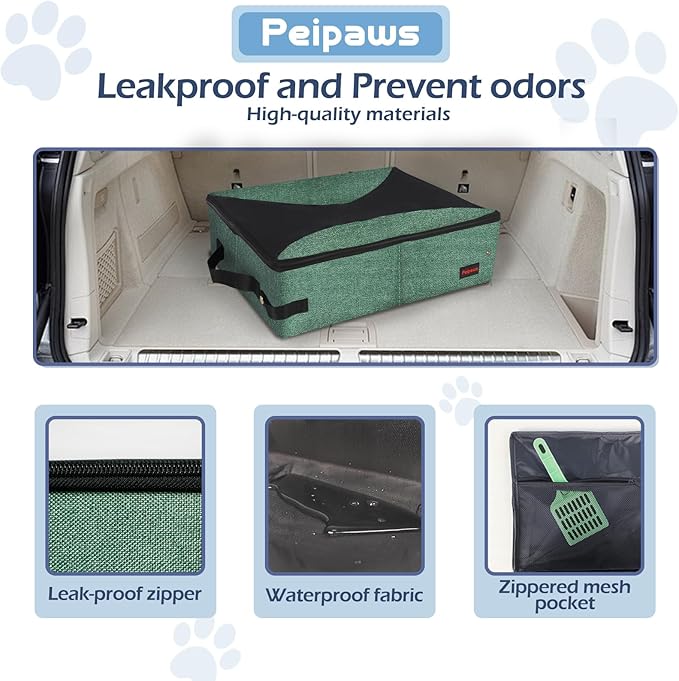 Portable Cat Travel Litter Box. Zipped Lid, Collapsible Litter Box for Cats. No Leakage, No Smell. Easy to Carry. Used for Hotels, Camping, Car (Green, M)