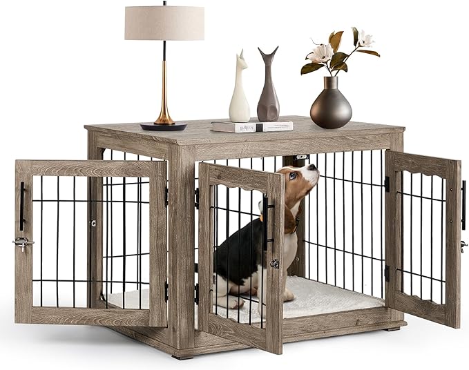 Dog Crate Furniture with Cushion, 32 inch Wooden Kennel Table with Double Doors, Indoor Dog House End Table for Small/Medium Dog, Grey (32x23x26in)