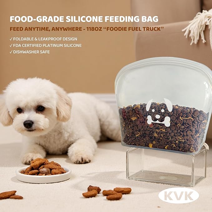 KVK Extra Extra Large Silicone Dog Food Mat 39.4×43.3in and 128oz Silicone Bag Set, Super Size Waterproof Pet Feeding Mat & Container, Non-Slip, Chew-Resistant Floor Protection (Dark Grey&Clear)
