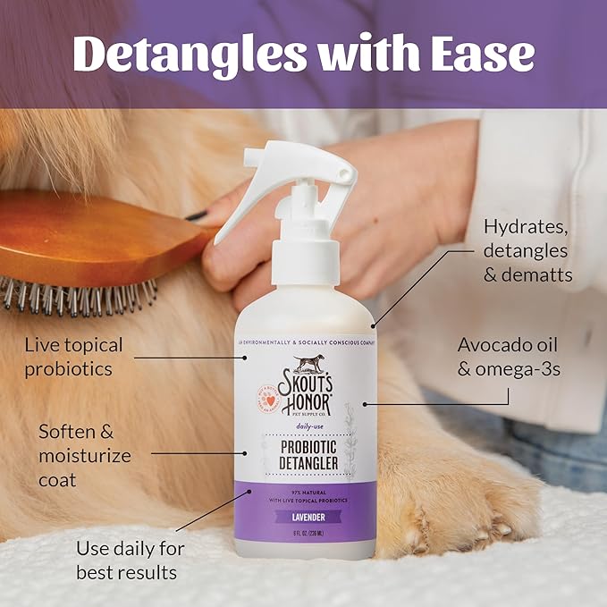 Skout's Honor Pet Detangler Spray - Hydrating & Conditioning with Avocado Oil & Probiotics, 97% Natural, Paraben & Sulfate-Free, softens for a More brushable Coat, Daily Use, 8oz, Lavender