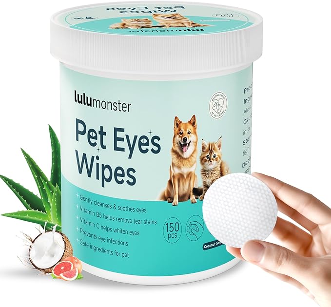 Pet Eyes Wipes for Dogs & Cats, Gentle Remove Tear Stain, Eye Debris, Discharge, Mucus Secretions Grooming Deodorizing Wipes, Non-irritating Ingredients with Aloe & Coconut Oil -150pcs